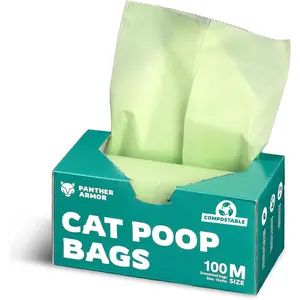 Compostable Cat Litter Bags for Poop - 100x Unscented Pet Waste, 13x9in Leak Proof Kitty Litter Disposal - Odor Proof, Easy Open Dispenser Box of Cat Poop