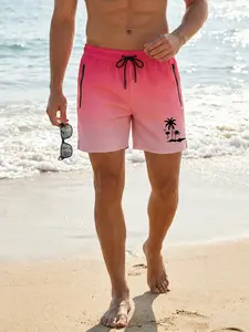 Men's Flamingo Palm Tree Print Beach Shorts with Triangle Mesh Lining, Summer Casual Quick-Dry Breathable Board Shorts with Zippered Side Pockets, Drawstring Elastic Waist Swim Trunks, Swimming Trunks