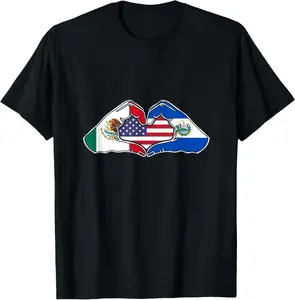Cotton Short Sleeve Shirt Heart hands Mexico, El Salvador and the USA. T-Shirt Summer Casual Menswear Graphic Tee, Fashion Gift, Adult Size Streetwear