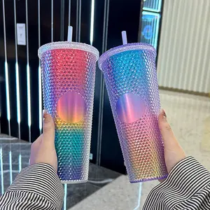 710ML Studded Tumbler with Straw, Holographic Iridescent Durian Cup, Reusable Iced Coffee Cup, Aesthetic Studded Tumbler, 24oz Iridescent Water Bottle