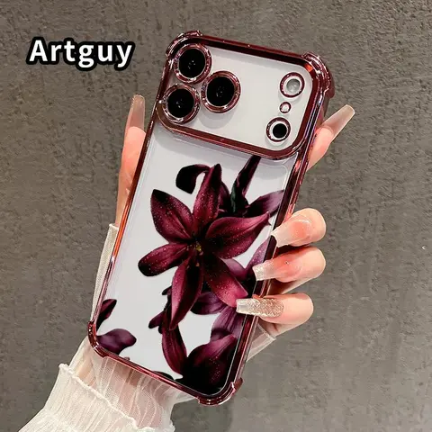 Preppy Dew-Kissed Lilies' Rhapsody Pattern Transparent Electroplated TPU Smartphone Cover - 4-Corner Anti-Fall, Waterproof Handheld Devices Accessory for iPhone 17 Pro Max,16,15 Plus,14,13,12,11,E Mobile Phone Accessories