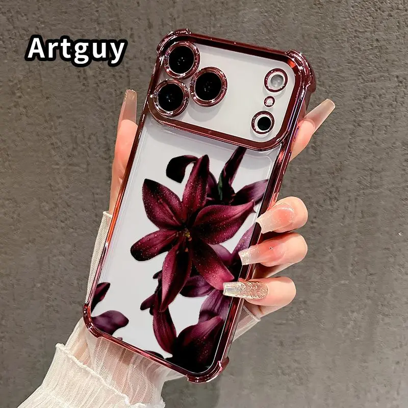 Dew - kissed Lilies' Rhapsody Pattern Four Corner Anti-Fall Phone Case Transparent Electroplated Protective Cover for iPhone 17 Pro Max Air 16 15 Plus 14 13 12 11 E