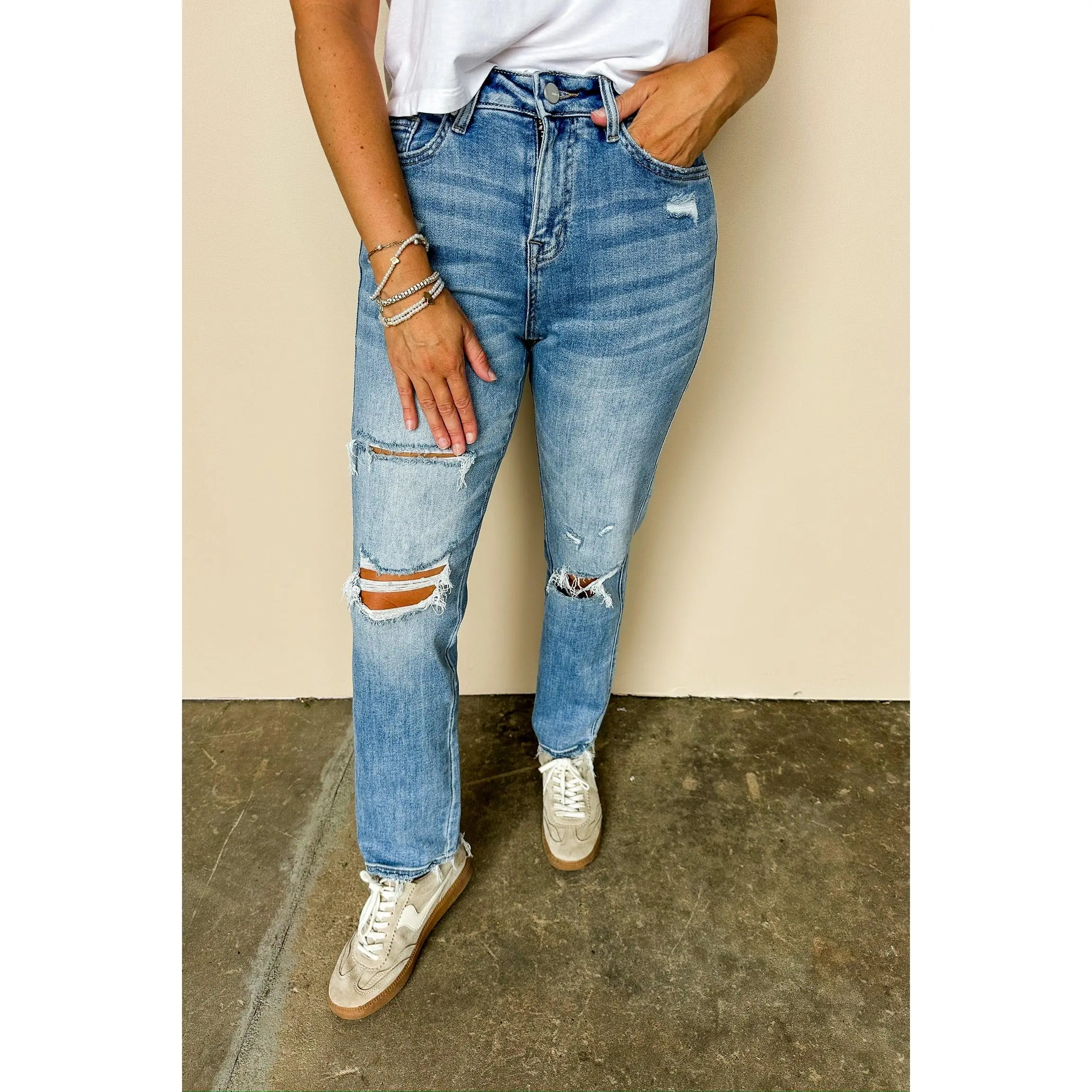 ALMOST SOLD OUT!! Distressed Light Wash High Rise Straight Leg Mica Jean