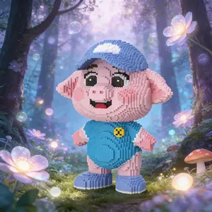 Blue Suspenders Pig 3D Puzzle Building Block Decoration, Home Office Bookshelf Decor, Party Living Room TV Stand Display