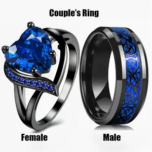 Romantic  Rings Women Heart Blue Rhinestones Zircon Ring Men Stainless