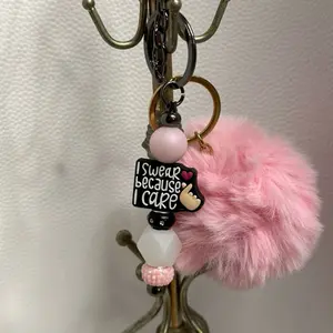 Adorable Pink Pom Pom Keychain with "I Swear Because I Care" Charm and Beads for Stylish Accessories