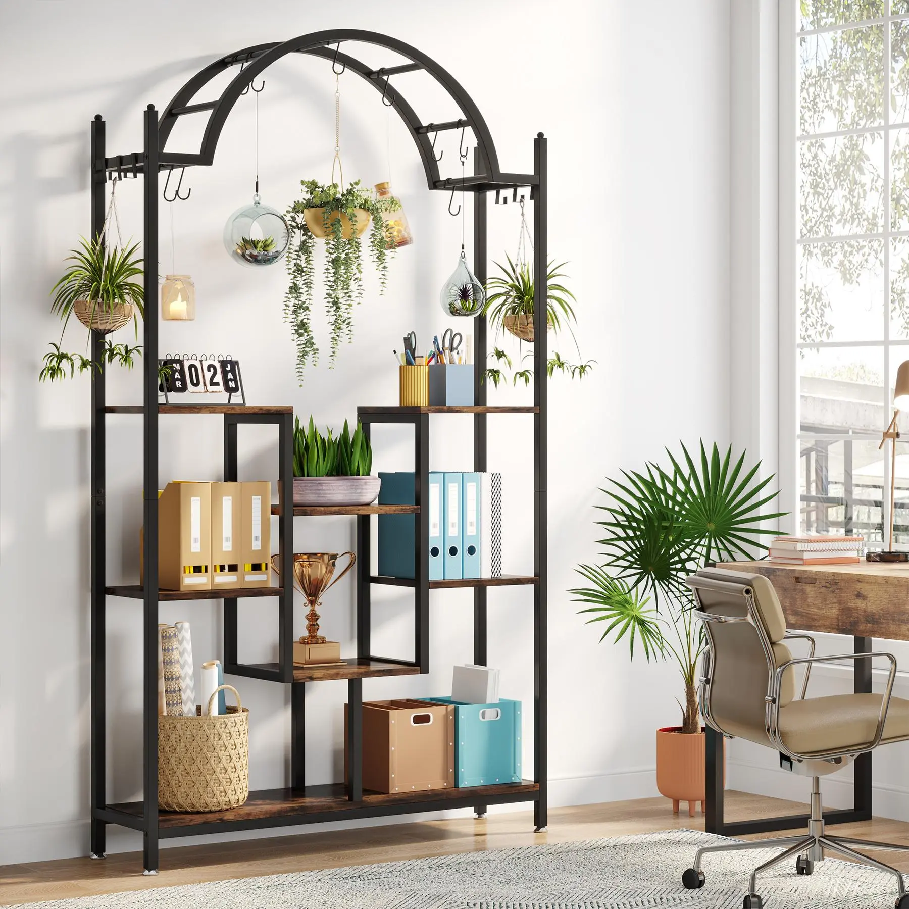 TRIBEWOOD 5-Tier Semicircular Arched Metal Plant Stand - 74.8in Rustic Heavy-Duty Space-Saving Rack with Hanging Hooks, Easy Assembly & Service for Bonsai Pot Display, Indoor Plant Decor (Indoor, Balcony)