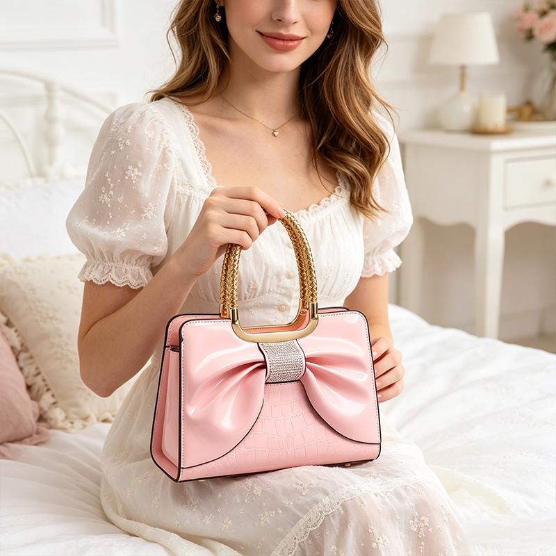 Women’s glossy leather handbag with top handle — medium-structured shoulder/handbag with adjustable strap