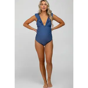 Periwinkle Ruffle Tie Maternity One-Piece Swimsuit