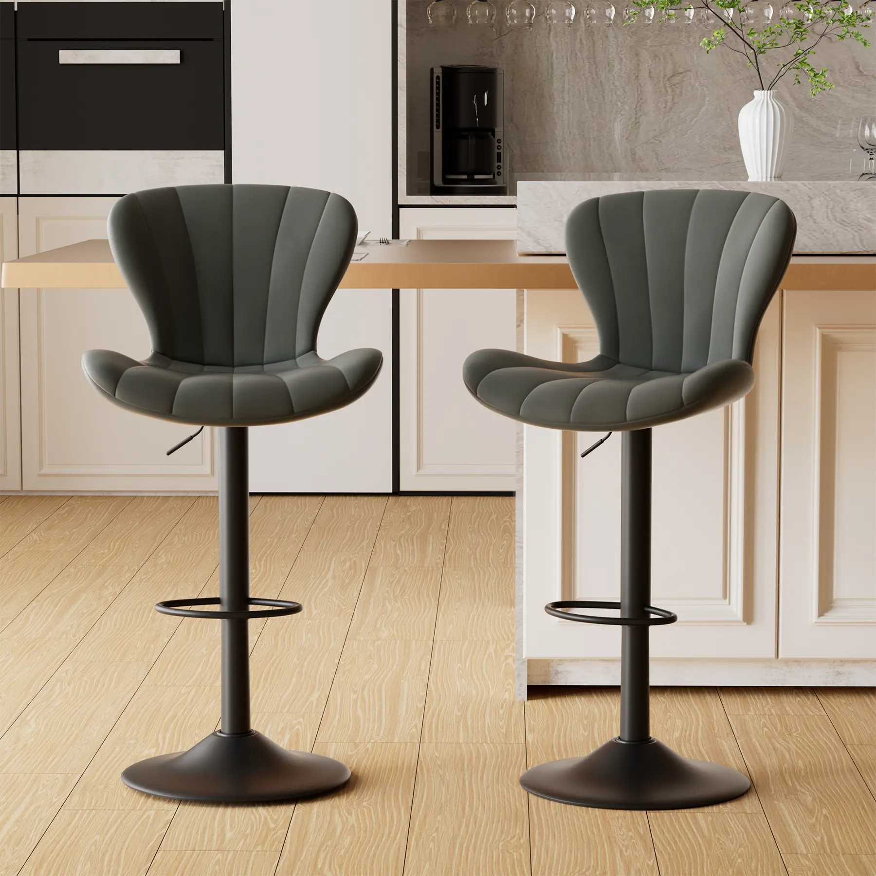 Smoke Grey Bar Stools Set of 2, Swivel Adjustable Faux Leather Counter Height Chairs, Waterproof Kitchen Island Seating for Home & Office