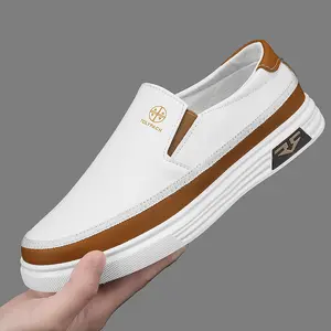 CORASUN 2026 Spring Local warehouse Men's Stylish Slip-On Loafers - White PU Upper with Brown & Golden Accents, Non-Slip Rubber Sole, Comfortable Casual Shoes for Casual Attire and Vacation
