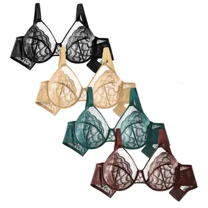 [4 Pack]MoKongFu Charm Lace Collection  Please refer to the size chart!!! Floral Lace Minimizer Bra, Unlined Mesh Non-Padded Underwire Comfort Plus Size Bra Womenswear supportive lingerie minimizer bra everyday push pushup plussize