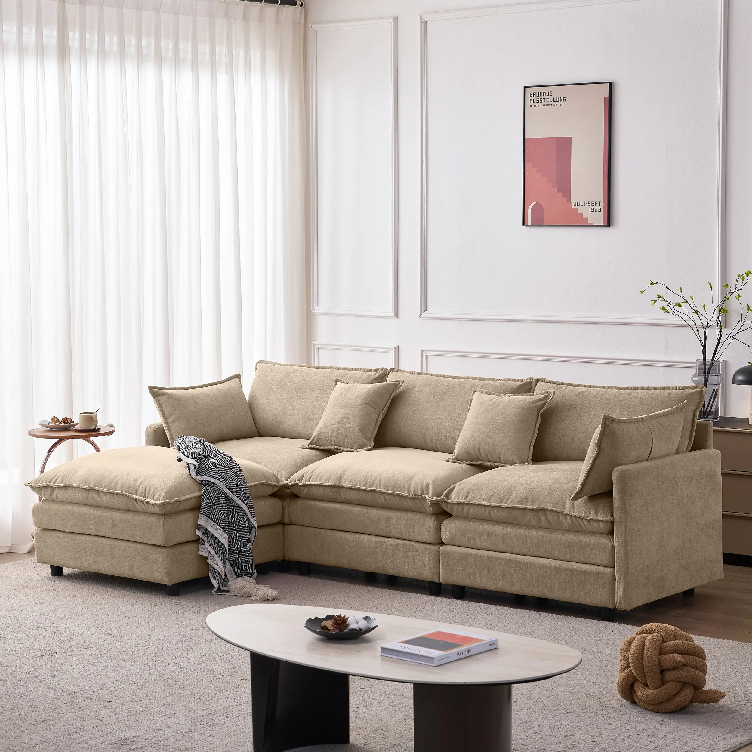【Sub 3 packages】Niccae 105" Modular Sectional Couch,Upholstered Soft Chenille Fabric Sofa,3 Seater with Ottoman L Shape Sofa Coffee