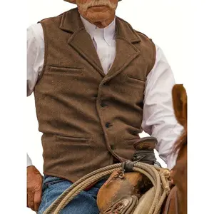 Men's Tweed Cowboy Vests Hunting Fishing Wool Herringbone Retro Elderly Aged Adult Men's Vintage Western Casual Business VestsGift