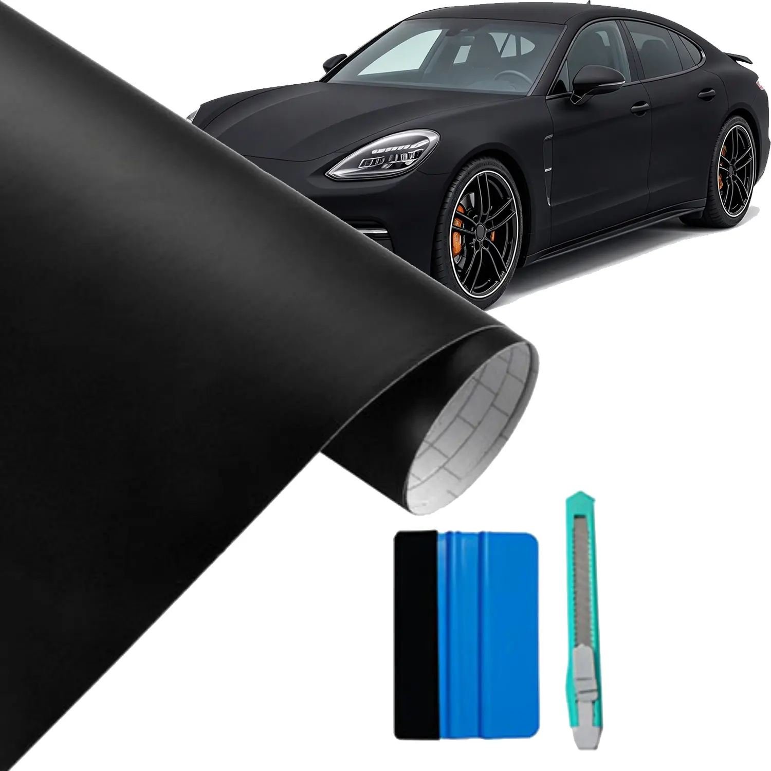 Matte Solid Color Vinyl Car Wrap Film 30cm x 300cm, Self-adhesive Car Body Sticker with Squeegee & Utility Knife, DIY Vehicle Paint Protection Film for Car Exterior Decoration, Scratch Cover Wrap, Black