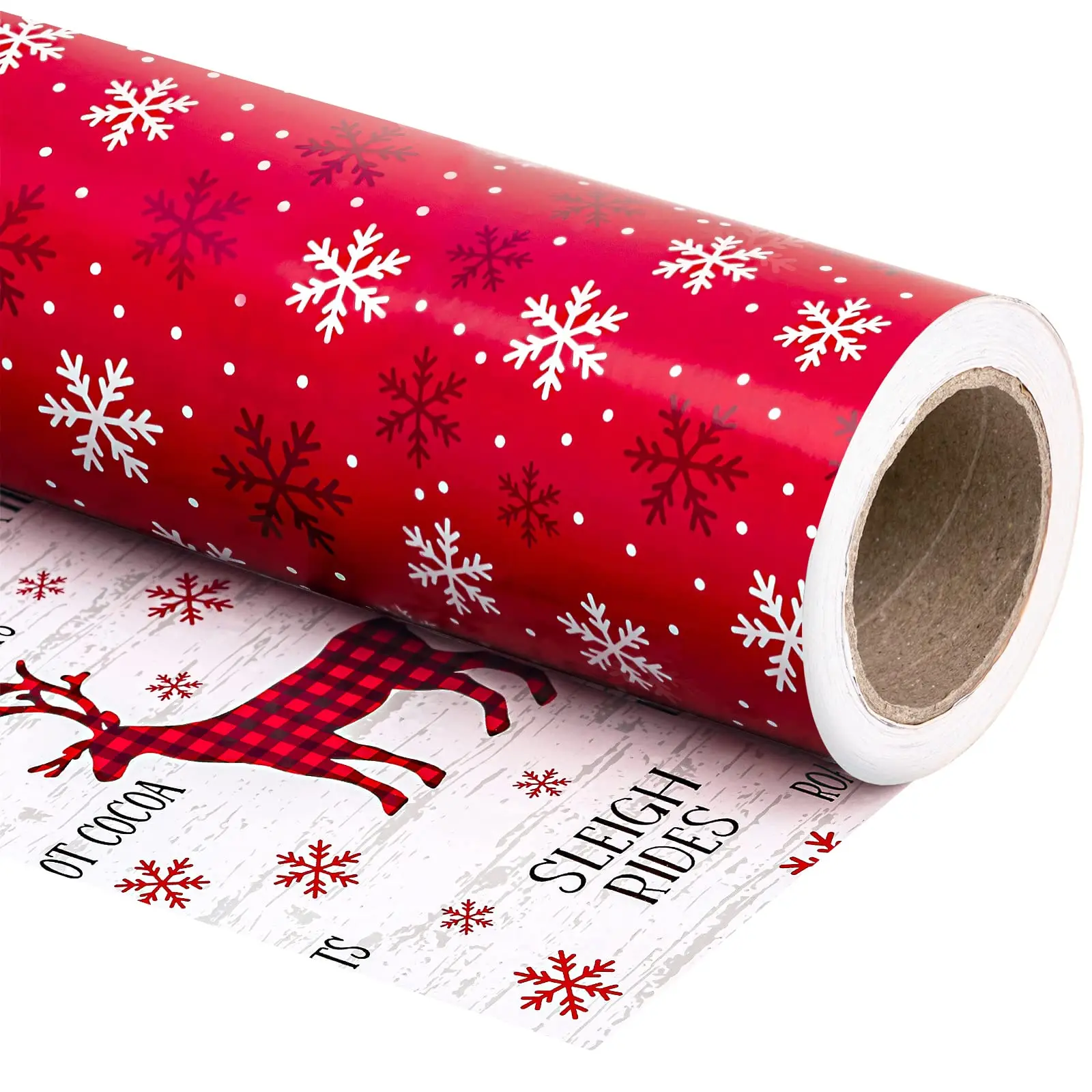 Reversible Christmas Wrapping Paper Roll - Mini Roll - 17 Inch x 33 Feet - Red White Reindeer and Snowflake Wrapping Paper for Christmas, Holiday, Party