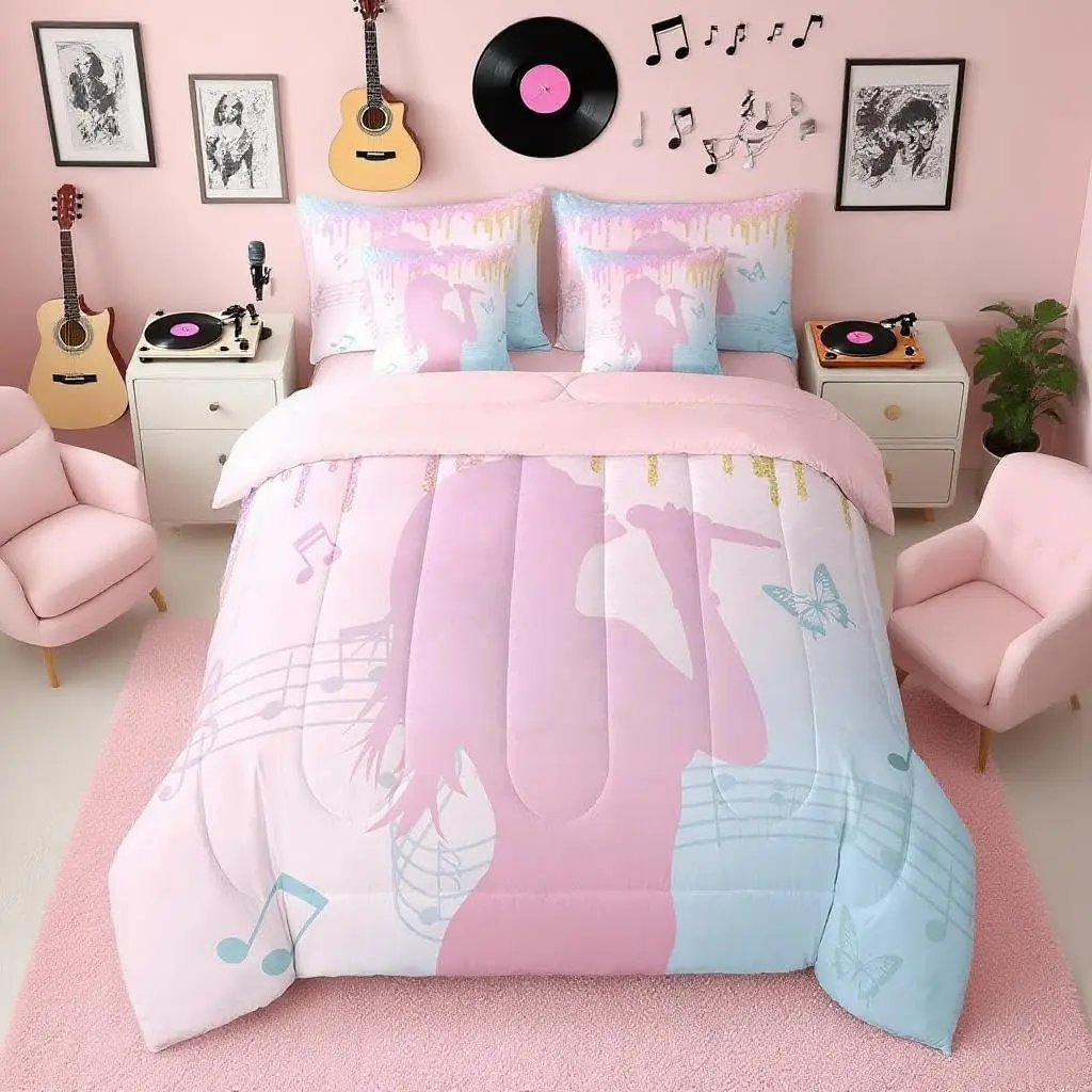 Girls Singer Comforter Set 7 Pieces Pink Music Bedding Set Glitter Fashion Women Bed in a Bag Room Decor Lightweight Bed Set with Comforter,Sheets,Pillowcases & Cushion Cover