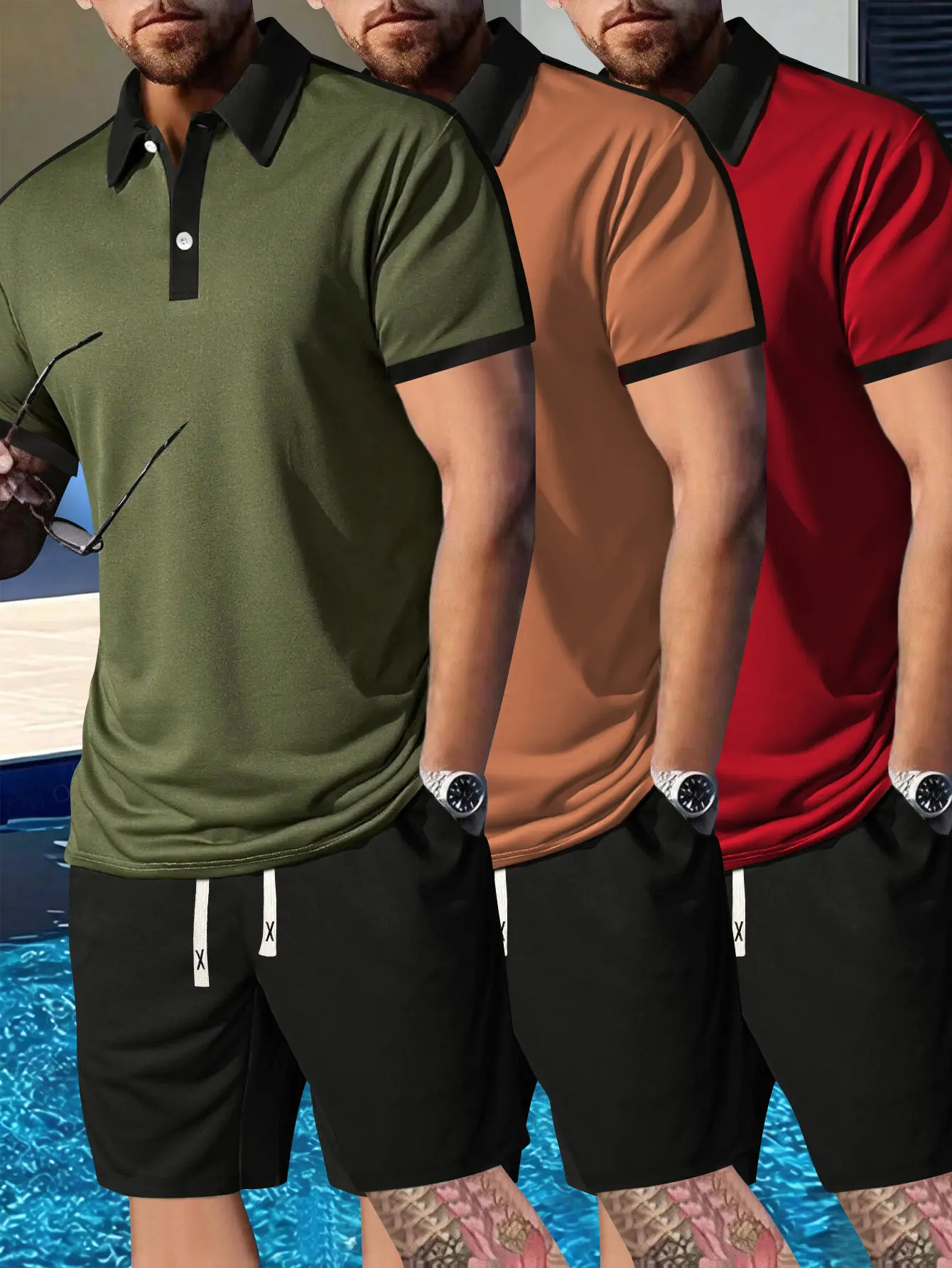 3-Piece Summer Collection New Men's Short-Sleeve Polo Shirt Solid-Color Plain-Weave Shorts with Elastic Waist and Drawstring Casual Sports PantsTravel Vacation Fitness and Running SetCouples Coordinating Outfits