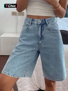 Women's Fashion New Denim Jeans Mid-Thigh Pants, Spring Summer Trendy Design, Breathable Comfort Stretch Fitted Versatile Women's Mid-Thigh Pants Shorts Button, Womenswear