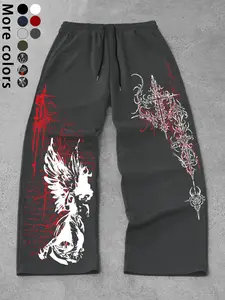 Men's Gothic Print Loose Sport Pants, Soft Wide Leg with Angel & Cross Print, Adjustable Waist, Comfortable Fit, Casual Daily Wear, Casual Sporty Trousers, Casual Comfy Sweatpants, Sports Casual Pants