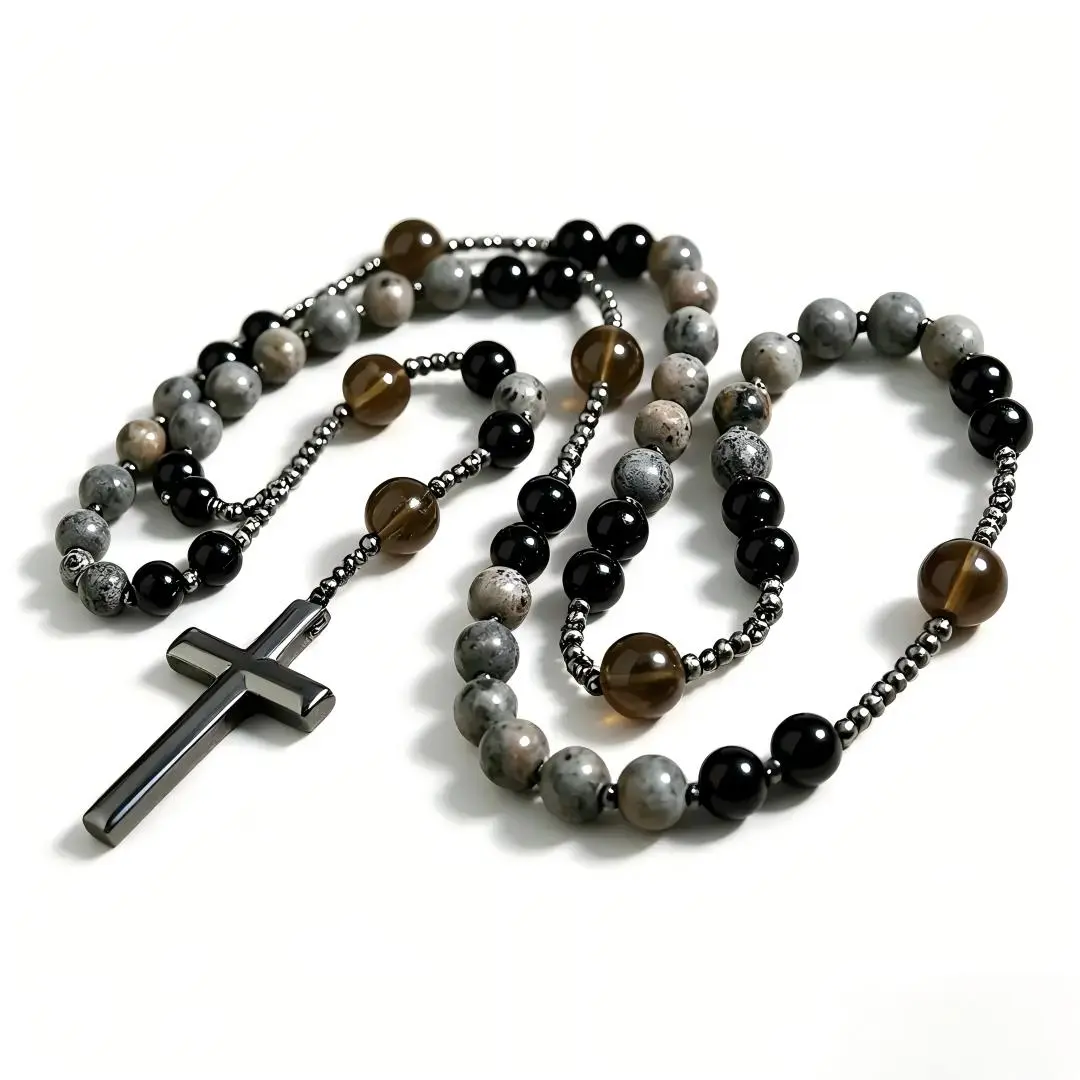 Handmade Yooperlite & Obsidian Crystal Rosary Necklace, 36in UV-Reactive Spiritual Jewelry with a Hematite Crucifix Pendant, Meaningful Artistic Gift, Crystal Necklaces, Crucifix Necklaces, Meaningful Gifts