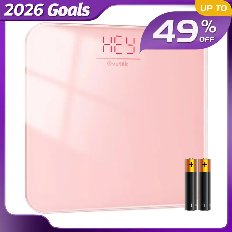 OVUTEK Precise Digital Bathroom Scale - High Standards Tempered Glass, 400lb Capacity, Built-In LED Easy-To-Read Weight Readings Display, Ultra Compact Portable Home Scale, Unisex, Included Upgraded Alkaline Batteries, Pink