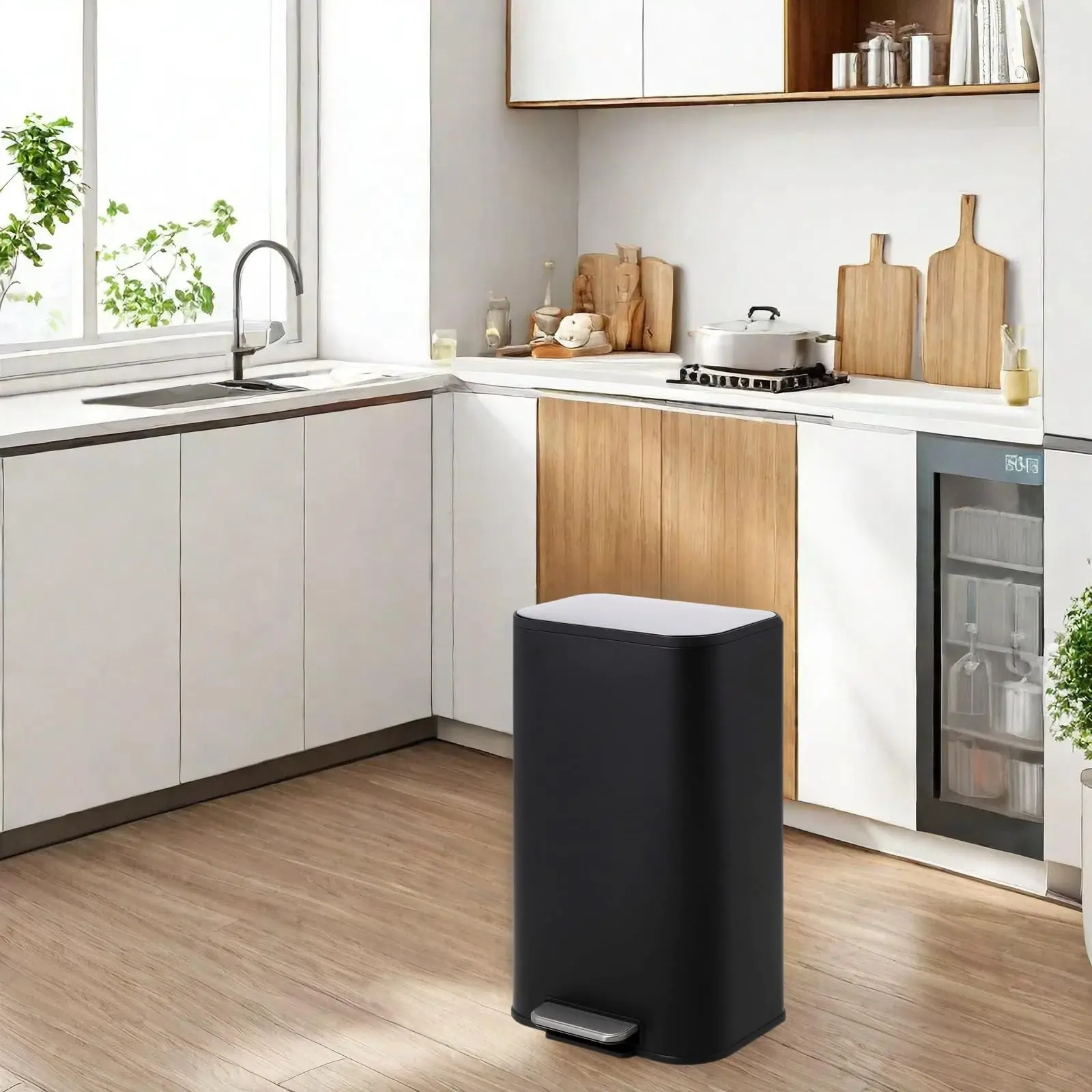 GARVEE 8 Gallon Step Open Garbage Can with Lid, Stainless Steel Rectangular Waste Bin, Removable Inner Bucket, 30L Capacity, Suitable for Kitchen, Bathroom, Office, and Living Room, Black
