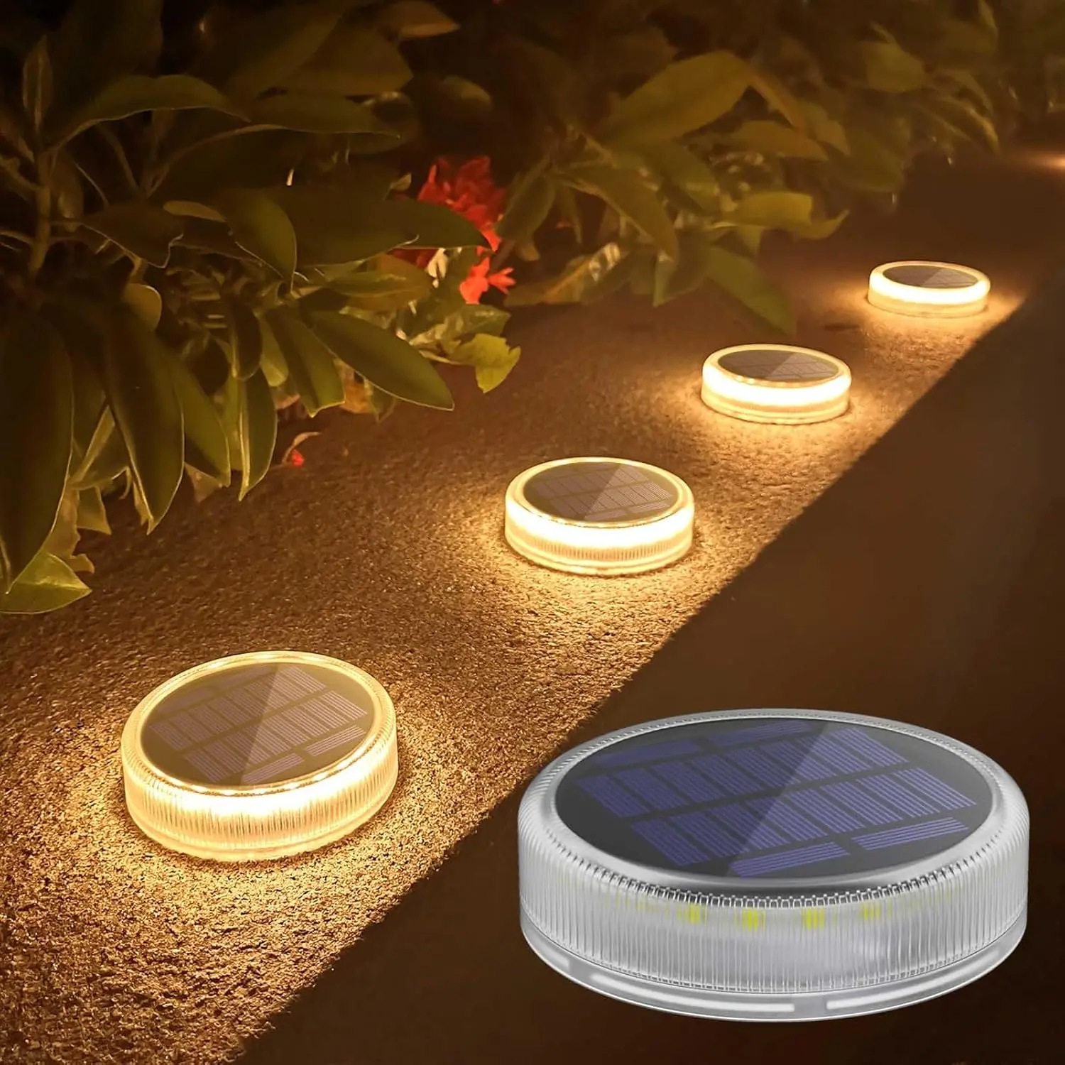 4-Pack Solar Deck Lights Outdoor  LED, Garden Step Lights Solar  Driveway Dock Lights Marine, Dusk to Dawn Lighting for Yard Patio Pathway, Round, Warm White