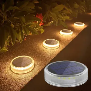4-Pack Solar Deck Lights Outdoor  LED, Garden Step Lights Solar  Driveway Dock Lights Marine, Dusk to Dawn Lighting for Yard Patio Pathway, Round, Warm White