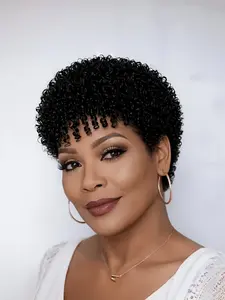 Women's 6-Inch Short Afro Kinky Curly Pixie Wig with Bangs, 160% Density, Real Human Hair, Ideal for Parties and Cosplay