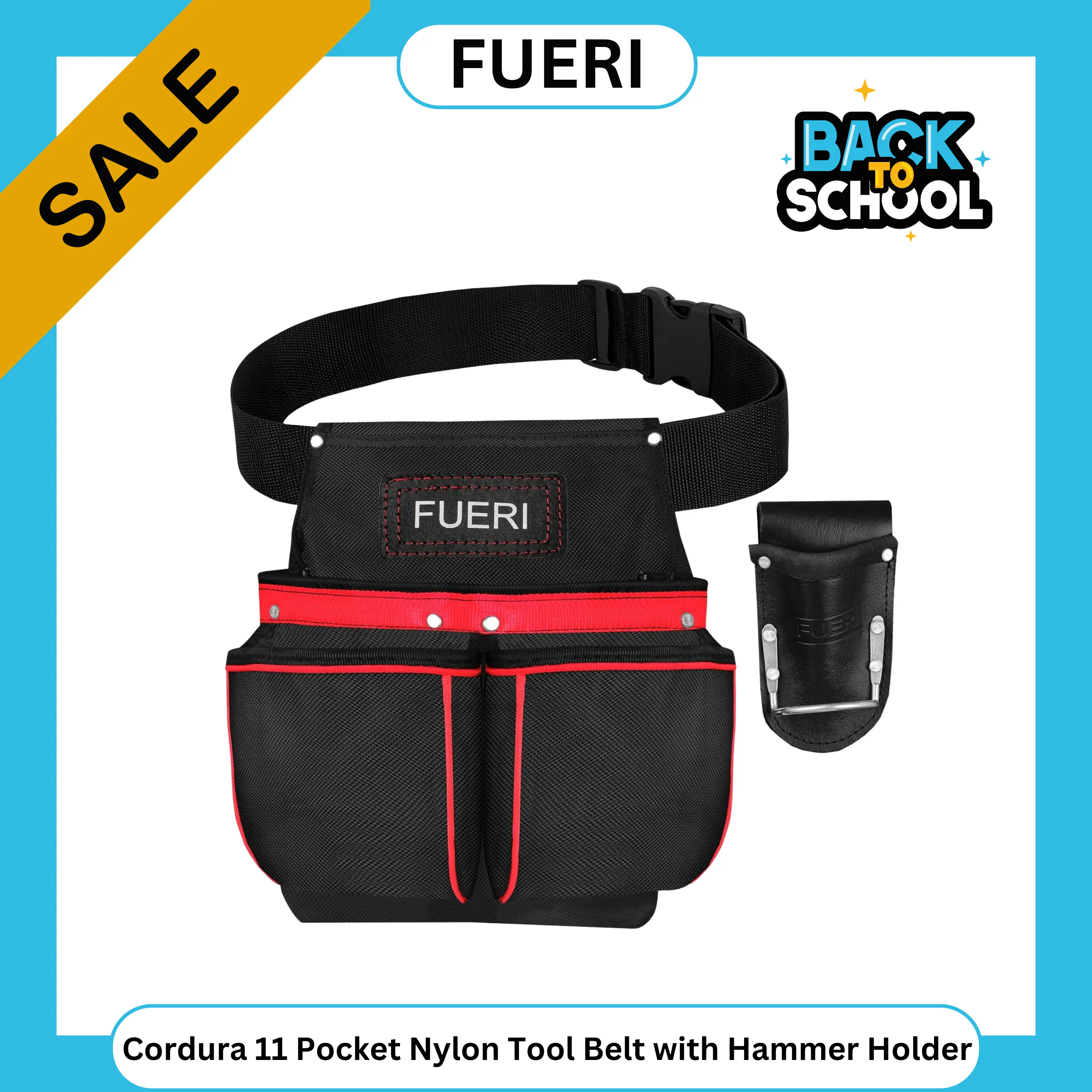 FUERI Cordura 11-Pocket Electrician Tool Belt – Adjustable Design, Detachable Hammer Holder, Durable Clip-On for Tradesmen. Ideal for Electricians, Contractors. Efficient & Tough. Buy Now! campingessentials