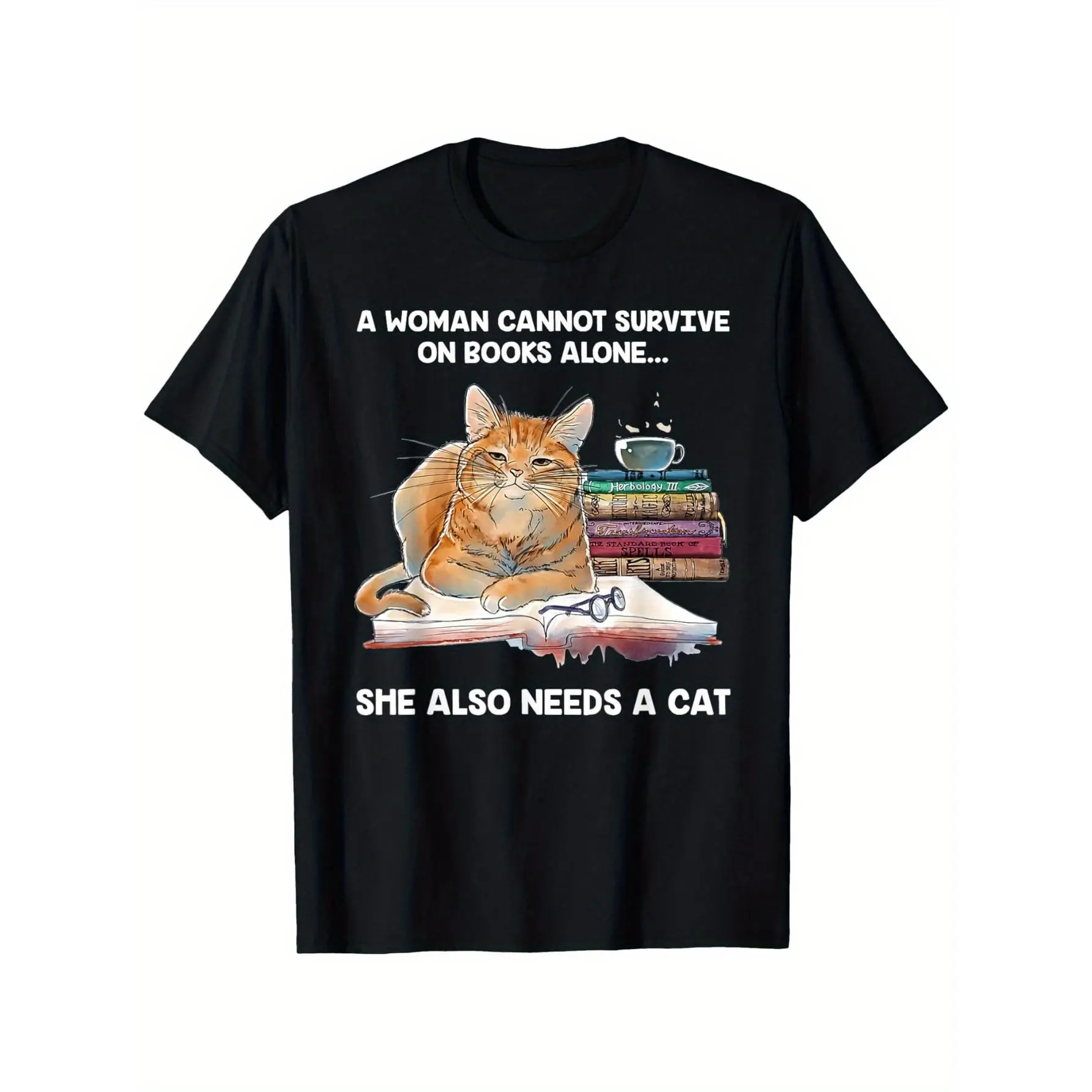 Cotton Cat Lover'S Delight: 'A Woman Can'T Survive On Books Alone, She Also Needs A Cat' Graphic Tee -  Cotton Casual Round Neck T-Shirt With Stretch, Machine Washable,  Perfect For All Seasons, Cat Clothes Golf Gift T-Shirt For Men And Women