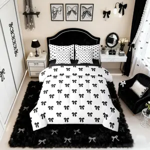 Black Bow Comforter Set with Sheets Coquette Bows Bedding Set,7 Pieces for Kids Teen Girls Women Bedroom Cute Preppy Bowknot Bed in A Bag Modern Trendy Girly Aesthetic Bed Sets