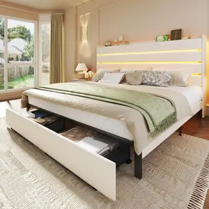 Queen Bed Frame with 2 Storage Drawers, Velvet Upholstered Bed Frame Queen Size Upholstered Headboard with LED Light & Charging Station, Platform Bedframe with Metal Slats, No Box Spring Needed, White