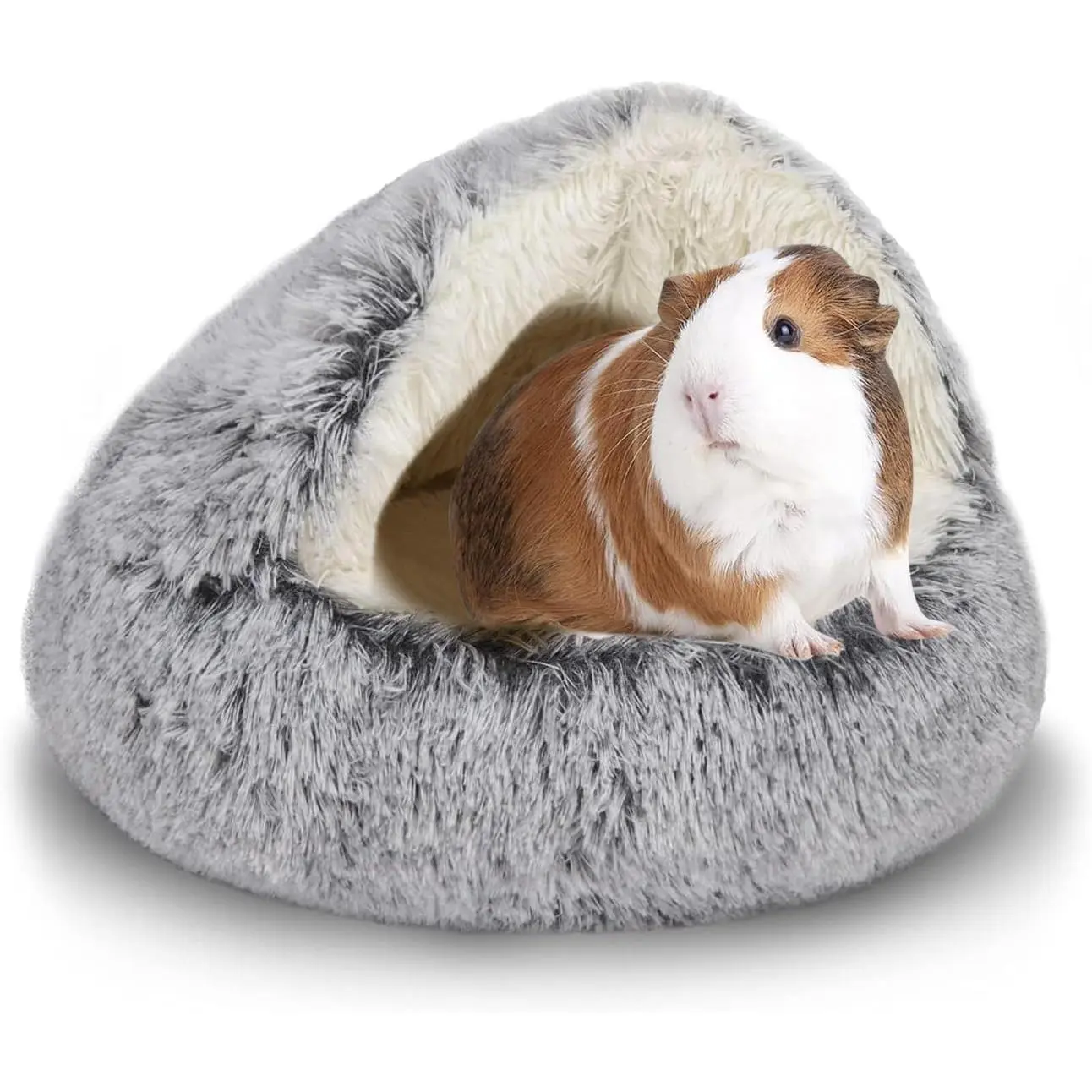 Guinea Pig Hideout, Doughnut Guinea Pig Bed with Hooded Cover, Washable Hamster Rabbit Bunny Bed, Washable Round Cave Beds for Small Animal Bunny Rabbit Hideout (Grey)