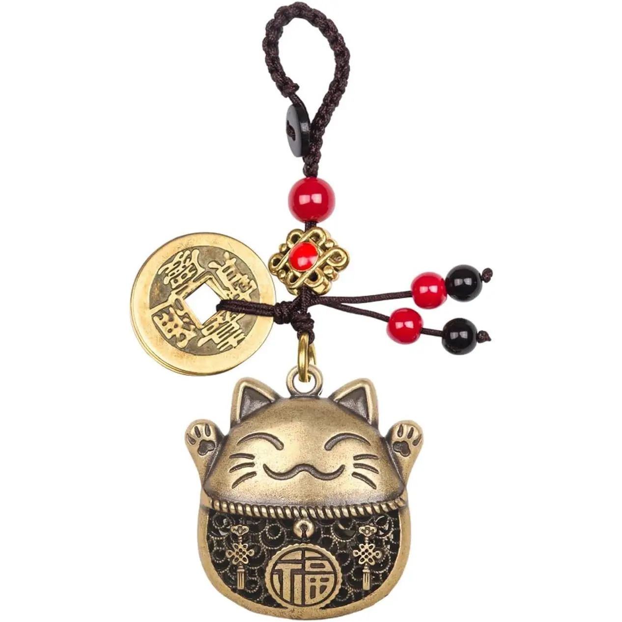 Brass Maneki Neko Lucky Cat Keychain with Feng Shui Coins, Maneki Neko Statue Good Luck Charms Lucky Tassel