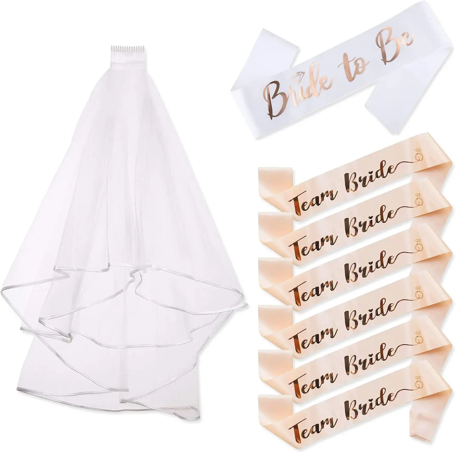 8 Pcs Bride to be Sash Veil Set Bachelorette Party Decorations 1 Bachelorette Veil, 1 Bride Sash and 6 Team Sashes