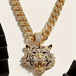 1pc Bold Fashion Tiger Head Pendant with Stylish Cuban Chain Necklace