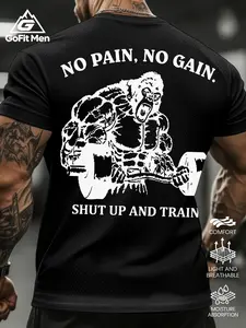 Gofit Men 2026 New 'no Pain No Gain' Gorilla Gym Print T-Shirt, Breathable Quick-Dry Fabric, Fitted Round Neck, Streetwear & Workout