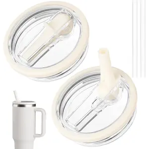 40 oz tumbler flip straw lid replacement fit for stanley quencher spill proof tumbler cover for stanley cup cream white