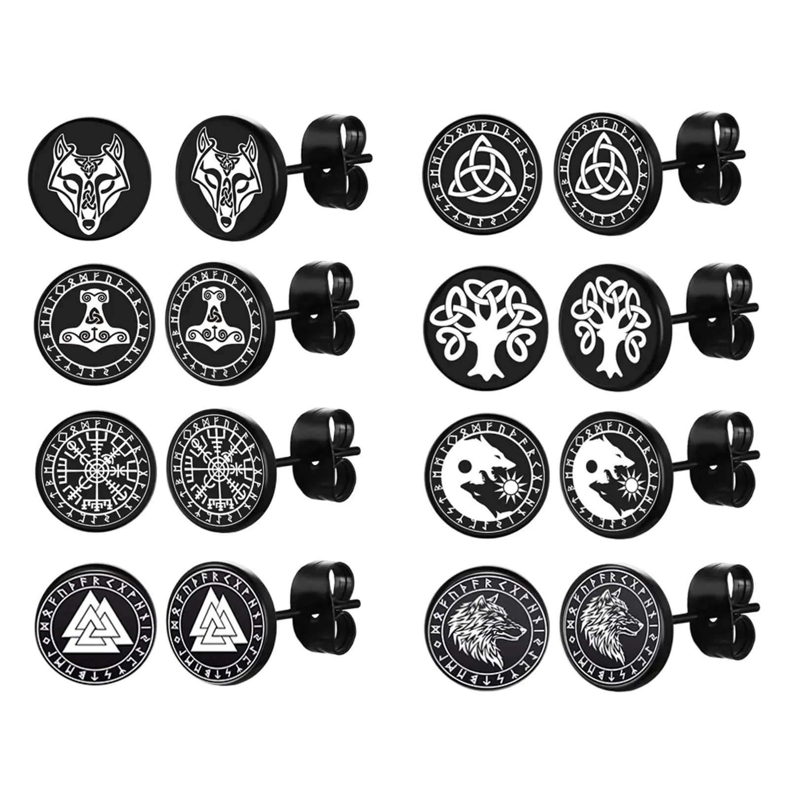 OIDEA 8 Pairs Unisex Hypoallergenic Anti-Rust 316L Surgical Steel Viking Stud Earrings Set - 0.39 inches Wide, Stealthy Black Finish, Viking Symbols (Thor Hammer, Wolf, Tree of Life, Celtic Knot) for Father's Day