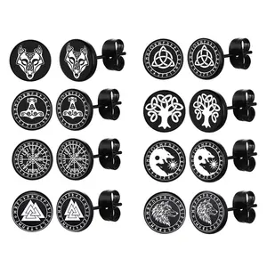 OIDEA 8 Pairs Hypoallergenic Anti-Rust 316L Surgical Steel Viking Stud Earrings Set - Thor Hammer, Wolf, Tree of Life, Celtic Knot for Men, Women (Black) Men’s Earrings
