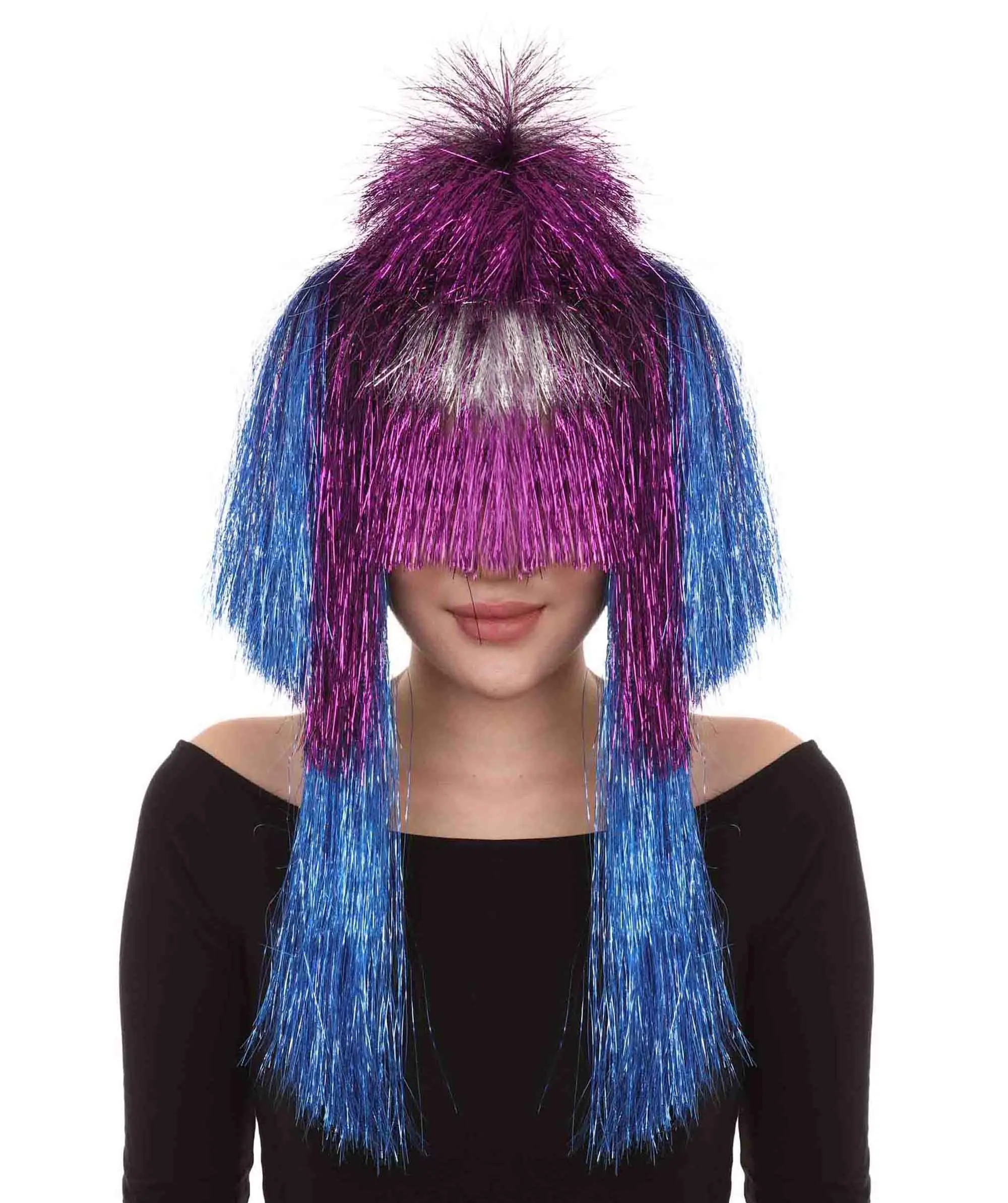 HPO Women's Australian Singer Tinsel Celebrity Purple & Blue Wig - Adult Synthetic Super Medium Updo Hair for Halloween Costume Party