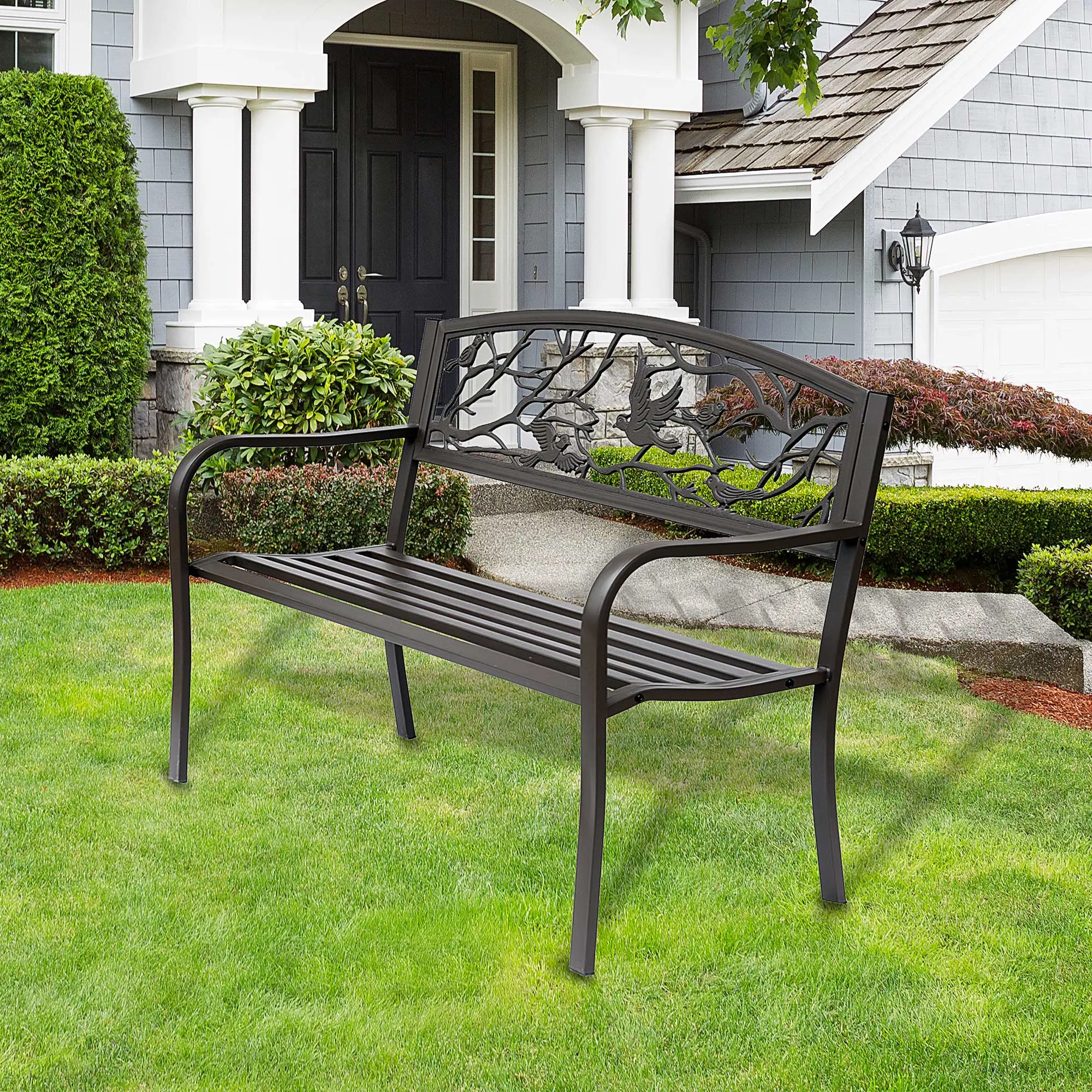 50" Brown Cast Iron Garden Bench - Vintage Bird Pattern, Elegant Floral Backrest, Practical Outdoor Patio Furniture for Patios, Poolside Relaxation