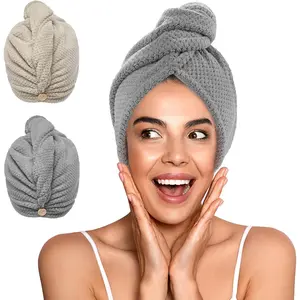 2 Pack Microfiber Hair Towel Wrap for Women, Super Absorbent Quick Dry Hair Turban for All Hair Style Anti Frizz, Large Hair Drying Towel with Button