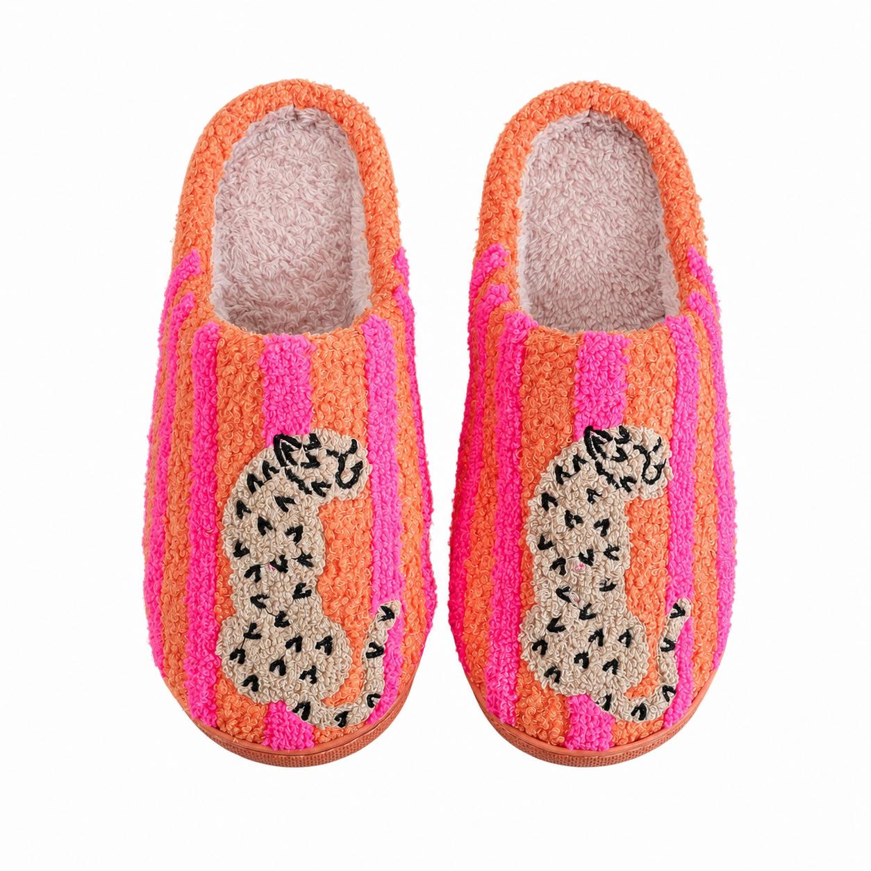 Women’s Retro Striped & Leopard Fuzzy Slippers, Super Soft Fluffy Lined Closed Toe House Shoes, Warm Cozy Anti Slip Indoor Bedroom Slippers, Winter Holiday Gift for Women