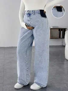 SHEIN Maternity Casual Loose Wide-Leg Blue Jeans Women Jeans Baggy Jeans Casual Loose Wide Leg Pants Blue Women Straight Jeans Thanksgiving Wide WaistY2k Women Winter/Spring Outfit sk12/1