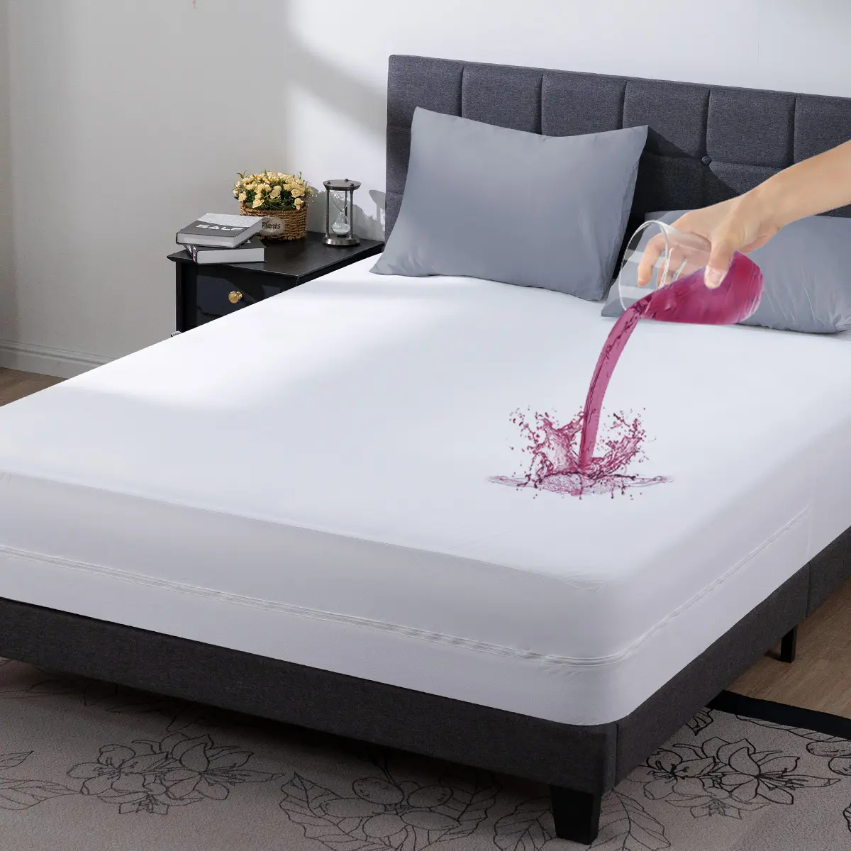 QUEEN ROSE 12 Inch Waterproof Cooling Mattress Protector Bed Bug Proof Defense Dustmite Zippered Fitted Machine Cover, Washable Solid Six-Sided Cover mattress topper