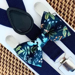 Midnight Navy Bow Tie & Navy Suspenders Set- Rifle Paper Co Fabric
