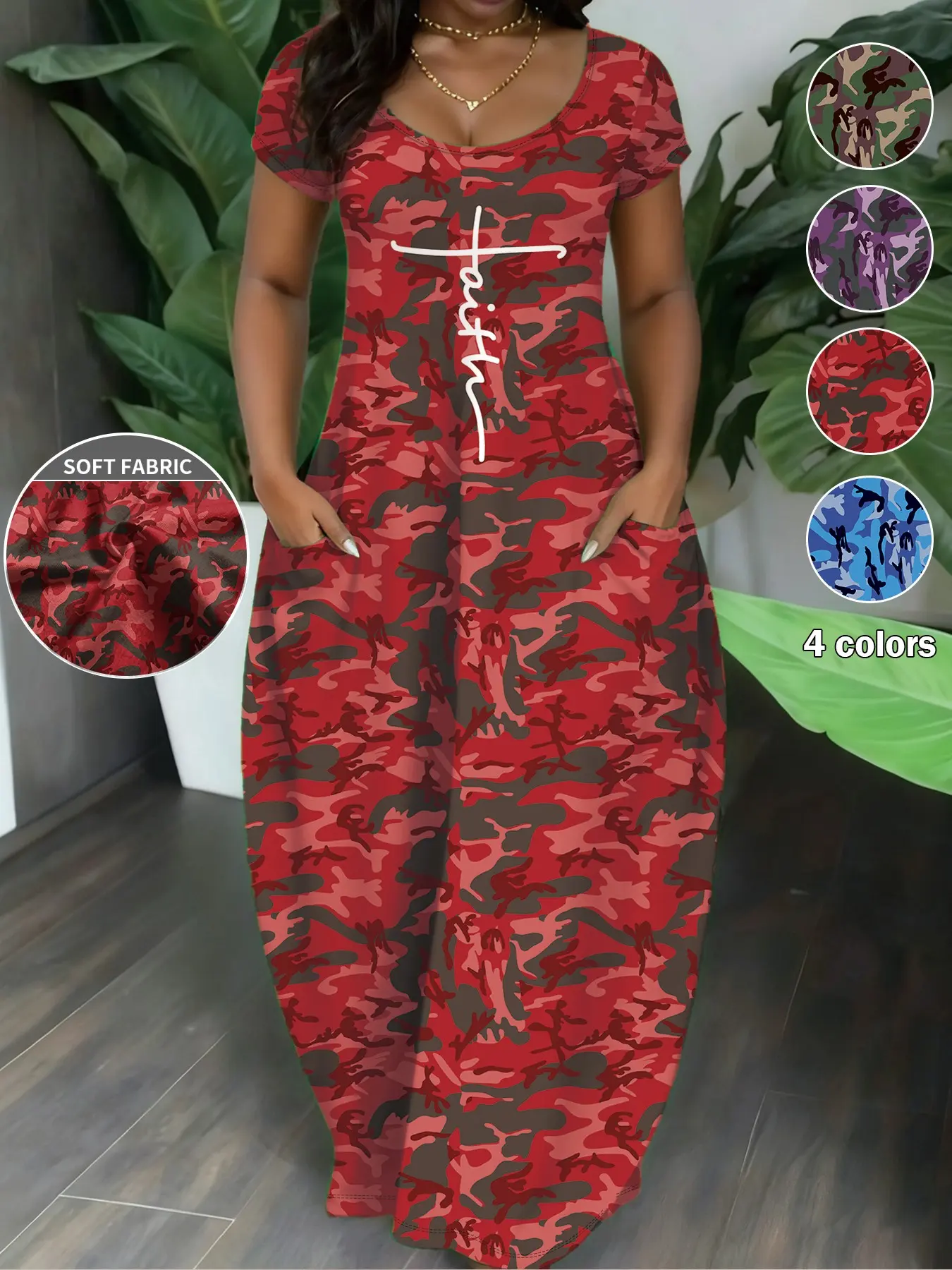 Plus Size Women's Summer Camouflage Casual Short Sleeve Letter Print Round Neck Long Dress, Loose Fit, Pocketed, Daily, Home Wear